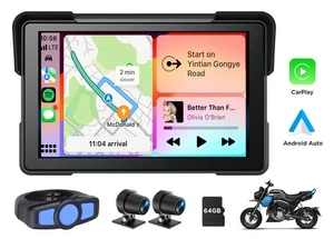 For Motorcycle CarPlay Android Auto Dual Bluetooth 7" Waterproof GPS Navigation - Picture 1 of 12