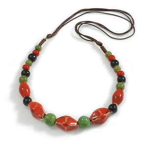 Green/Red/Black Graduated Ceramic Bead Brown Silk Cords Necklace/50cm to 60cm - Picture 1 of 6