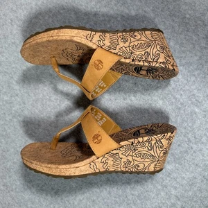 Timberland Schuhe Damen 7M hellbraun Leder Keilabsatz Sandalen Flip Flop Korkabsatz Boho - Bild 1 von 12