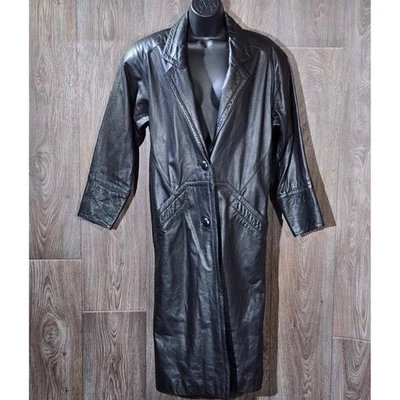 Chaqueta Abrigo Largo Plumero Trench Duster 100% Cuero Negro G-iii De Colección Para Mujer P/S Pequeña Foto 1 de 4