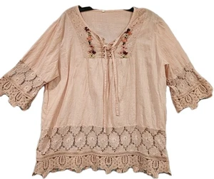 Camicetta VINTAGE ricamata floreale pizzo orlo romantico cottage taglia XL lino - Foto 1 di 5
