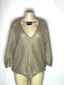 CHICOS GOLD FOIL OPEN WEAVE V NECK OVERSIZED DOLMAN SLEEVE SWEATER LG - Picture 1 of 4
