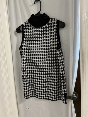 Suéter Chico's para mujer mediano negro blanco pata de gallo cuello falso túnica sin mangas Foto 1 de 4