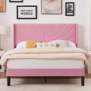 Full Size Upholstered Platform Bed Frame with Fabric Headboard,Wooden Slats S... - Picture 1 of 6