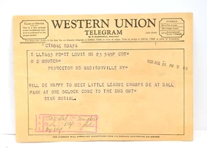 Stan Musial 1960 Western Union Telegram will meet Little League Champs in dugout - Picture 1 of 5