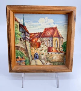 Vintage Hand Painted Tile Germany Kronach Wood Frame Old World Europe - Picture 1 of 6