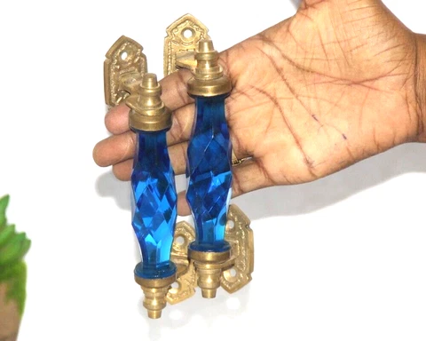 2PC Vintage Style Crystal/Cut Blue Glass Brass Door Handle Collectible Cover