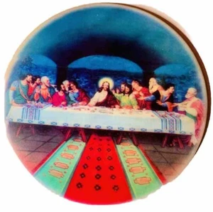 Vtg Tile Trivet Round Circle Plaque Jesus Apostles Last Supper 8" Teal Platter - Picture 1 of 8