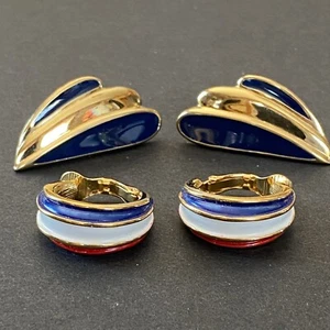 Vintage Crown Trifari Enamel Hoop & Blue Enamel Feather Earring Set - Picture 1 of 4