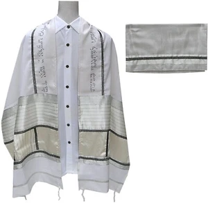 Tallit Set Off White BG with black & Silver Stripes & Flowers Design 74" x 19 - Picture 1 of 5