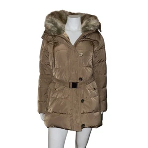 MICHAEL Michael Kors Womens Faux-Fur-Collar Hooded Down Puffer Coat Dark Camel L - Picture 1 of 9