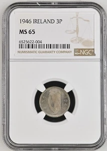 Ireland 1946 3 Pence NGC MS 65 KEY DATE NGC ONLY  8 & 4 HIGHER! - Picture 1 of 2