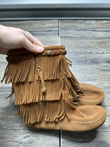 Minnetonka Brown Suede 2652 Moccasins 3 Layer Fringe Mid Calf Boots Women Sz 4 - Picture 1 of 7