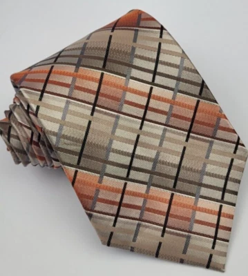 Corbata de seda Claiborne Crazy Horse beige naranja a cuadros diseñador 57 x 3,5/8 Foto 1 de 4