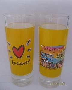 Collectable Yellow Vodka Shot Glass Drink With Israeli View Pic From Holy Land - Picture 1 of 5