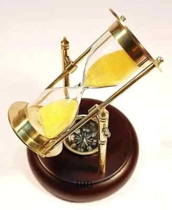 Temporizador de arena de 5" brújula de reloj de arena de vidrio de 1 minuto con base de madera reloj de arena amarilla - Imagen 1 de 6