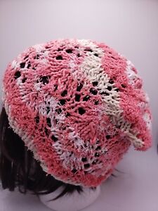Schöne handgefertigte Strickmütze rosa und weiß Acryl Made in USA 