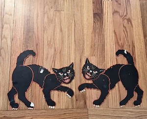 Vintage 2 Halloween Black Cat Jointed Moveable Mechanical Die Cut Decor - Picture 1 of 9