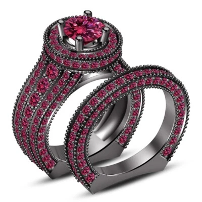 Anillo de compromiso de boda nupcial de diamantes creado en laboratorio redondo de 2 quilates de oro negro de 14 quilates Foto 1 de 2