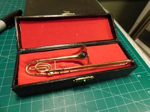 Replica Trumbone Brass Miniature Music Instrument 5.5" w/Velvet Lined case - Picture 1 of 16