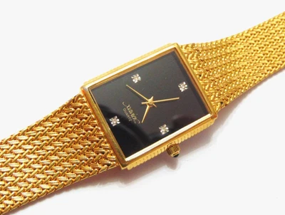 Vtg XAVIER Diamond Black Dial, Jeweled Crown, Tank Style, Mans Quartz Watch - Image 1 of 4