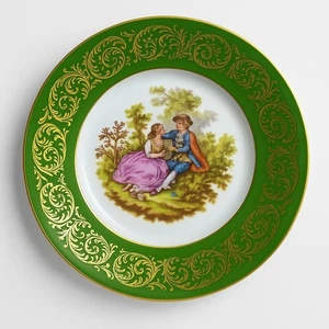 La Reine Limoges Green & Gold Porcelain Plate – Courting Couple, France” - Picture 1 of 7