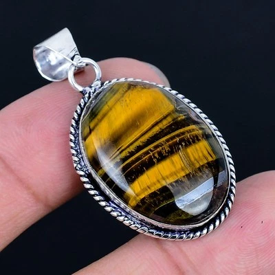 Colgante hecho a mano ojo de tigre chapado en plata 925 de 1,74" Foto 1 de 3