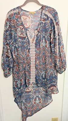 Túnica asimétrica Hi-Lo Democracy para mujer XL azul naranja boho cachemira manga 3/4 Foto 1 de 4