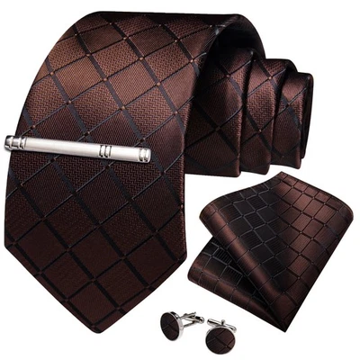 Corbata marrón a cuadros y pañuelos para hombre corbata y pañuelo y gemelos y corbata conjunto regalo Foto 1 de 4