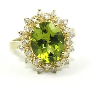 Oval Green Peridot & Diamond Halo Solitaire Ring 14k Yellow Gold 4.13Ct - Picture 1 of 7