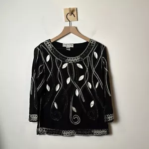 Lauren Michelle Bluse schwarz-silber 3/4 Arm bestickt Applikation Gr. XL - Bild 1 von 8
