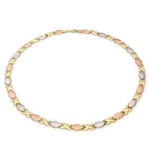 10K Yellow White and Rose Gold Tri-Color "XO" Hugs and Kisses Necklace 17"