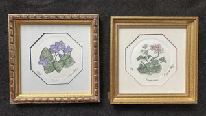 Shirley Hiner Etching Geranium and Violet 6" x 6"  Framed Numbered and Signed - Picture 1 of 12
