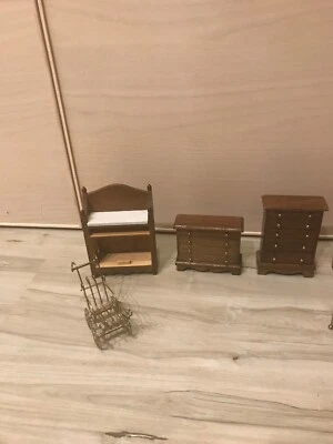 LOT of 9 VINTAGE  WOODEN & METAL DOLLHOUSE MINIATURE Barbie Dresser Baby Chair - Image 1 of 4