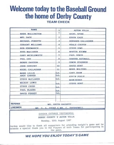 DERBY COUNTY V ASTON VILLA ~ TESTIMONIO GORDON GUTHRIE ~ 10 DE AGOSTO DE 1987 - Imagen 1 de 1