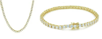1 Row 18'' Bling Tennis Necklace 14K Gold Finish 4mm Chain Bracelet 9'' Set  - Image 1 of 4