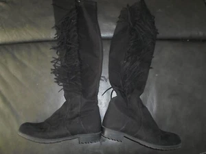 Unisa Knee High Boots Black Suede 6M fringe 6 M 20" 1" heel - Picture 1 of 3