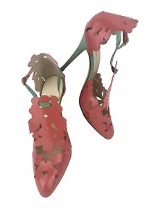 Camilla Elphick Leather Floral Cut Out Pink Green D'orsay Stiletto Heels 38/7.5 - Picture 1 of 19