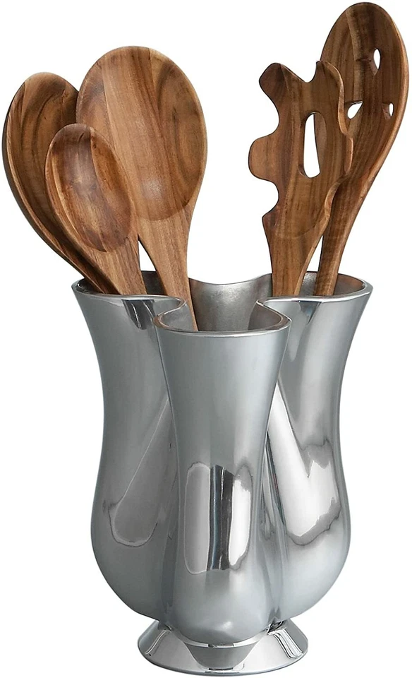 Jarra de herramientas Nambe Tulipán con juego de herramientas de cocina de 5 piezas, aleación de metal, madera de acacia Foto 1 de 4