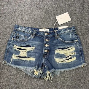 NEW Kan Can Shorts Womens Medium Blue Denim Raw Hem Distressed Whisker Mid Rise - Picture 1 of 12