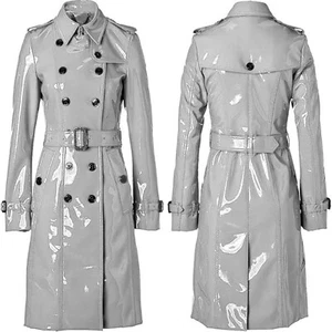 Women Trench Vinyl Shiny Gothic Long PVC Emo Top quality Faux Leather White Coat - Picture 1 of 5