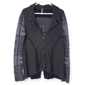Free People Womens M Black Grey Button Cardigan Cotton Wool Blend Multi-Pattern - Picture 1 of 15