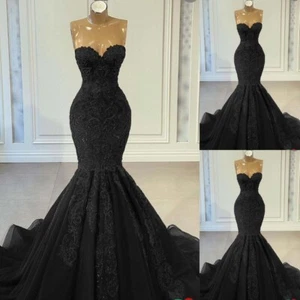 Black Mermaid Wedding Dresses Classic Lace Appliques Glitter Elegant Bridal Gown - Picture 1 of 13