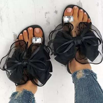 Black Lace Bowknot Sandals Rhinestone Ring Toe Crystal Bow Polka Flip Flops - Image 1 of 4