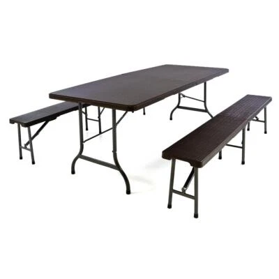 Gartengarnitur Tisch 2 Bänke klappbar Rattan-Optik Bierzeltgarnitur braun 180 cm - Bild 1 von 4