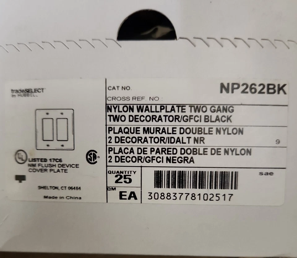 Cubierta de placa de pared de nailon Hubbell negra estándar de 2 velocidades decorador GFCI GFI NP262BK Foto 1 de 1