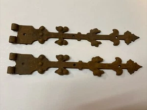 Pair Early Ornamental Iron Hinge Straps with Leaf Design~ HW25 - Picture 1 of 6