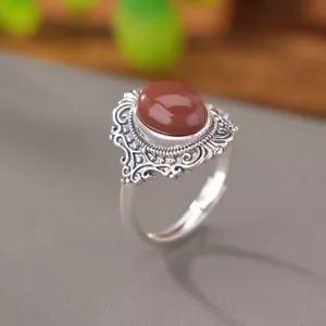 F02 Anello Stile Antico Ovale Rotondi Agata Argento Sterling 925 Regolabile - Foto 1 di 6