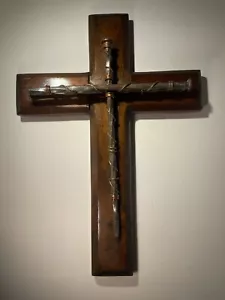 Vtg Wooden Cross Crucifix Spike Nails Copper Metal Dark Wood Handmade Wall Art - Picture 1 of 24