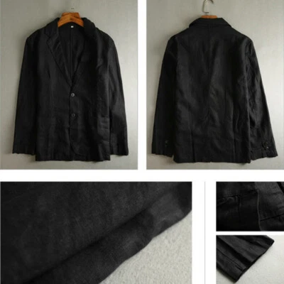 Hommes 98% Lin Costume Veste Uni Revers Affaires Habillé Blazer Haut Ample Bleu - Photo 1/4